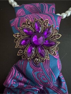 Unique fashion accessory, paisley necktie necklace, purple brooch lavender beads